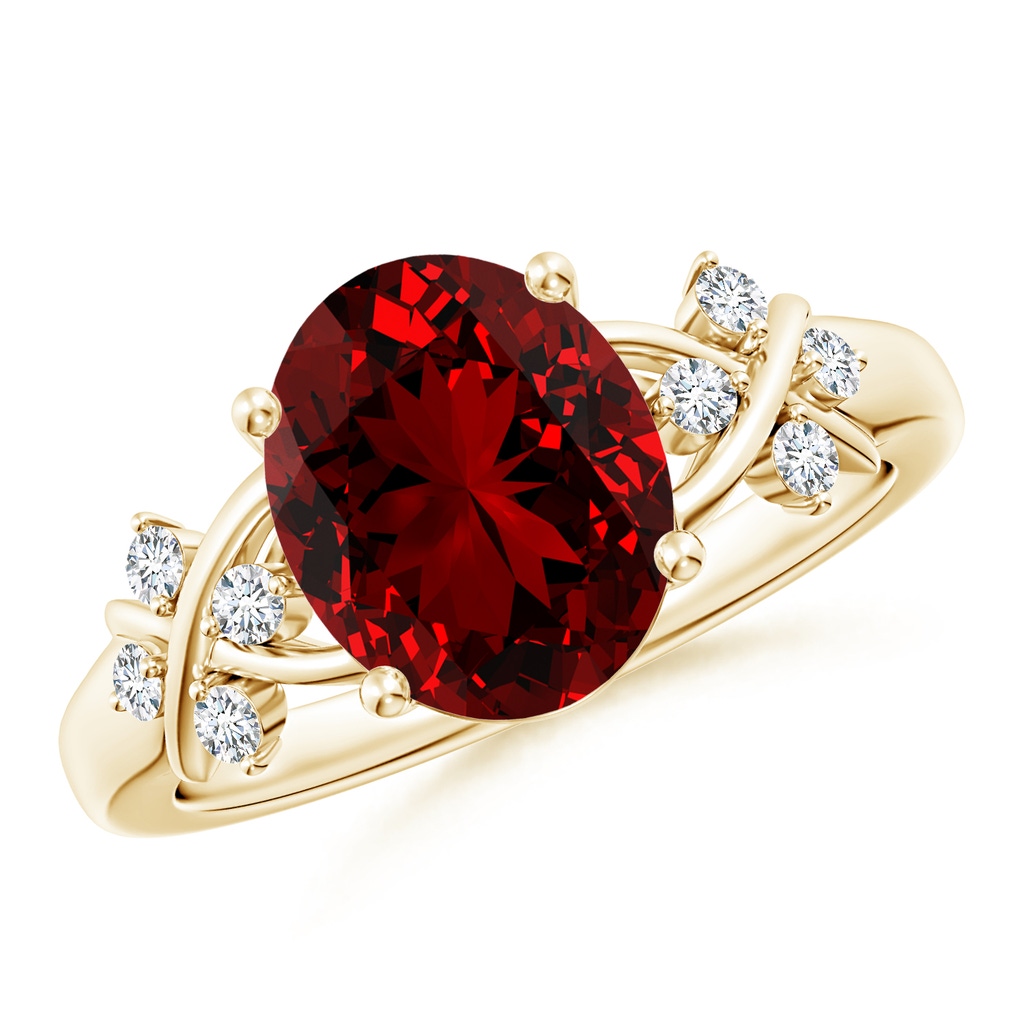 10x8mm Labgrown Lab-Grown Solitaire Oval Ruby Criss Cross Ring with Lab Diamonds in Yellow Gold