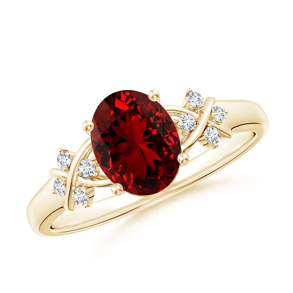 8x6mm Labgrown Lab-Grown Solitaire Oval Ruby Criss Cross Ring with Lab Diamonds in 10K Yellow Gold 
