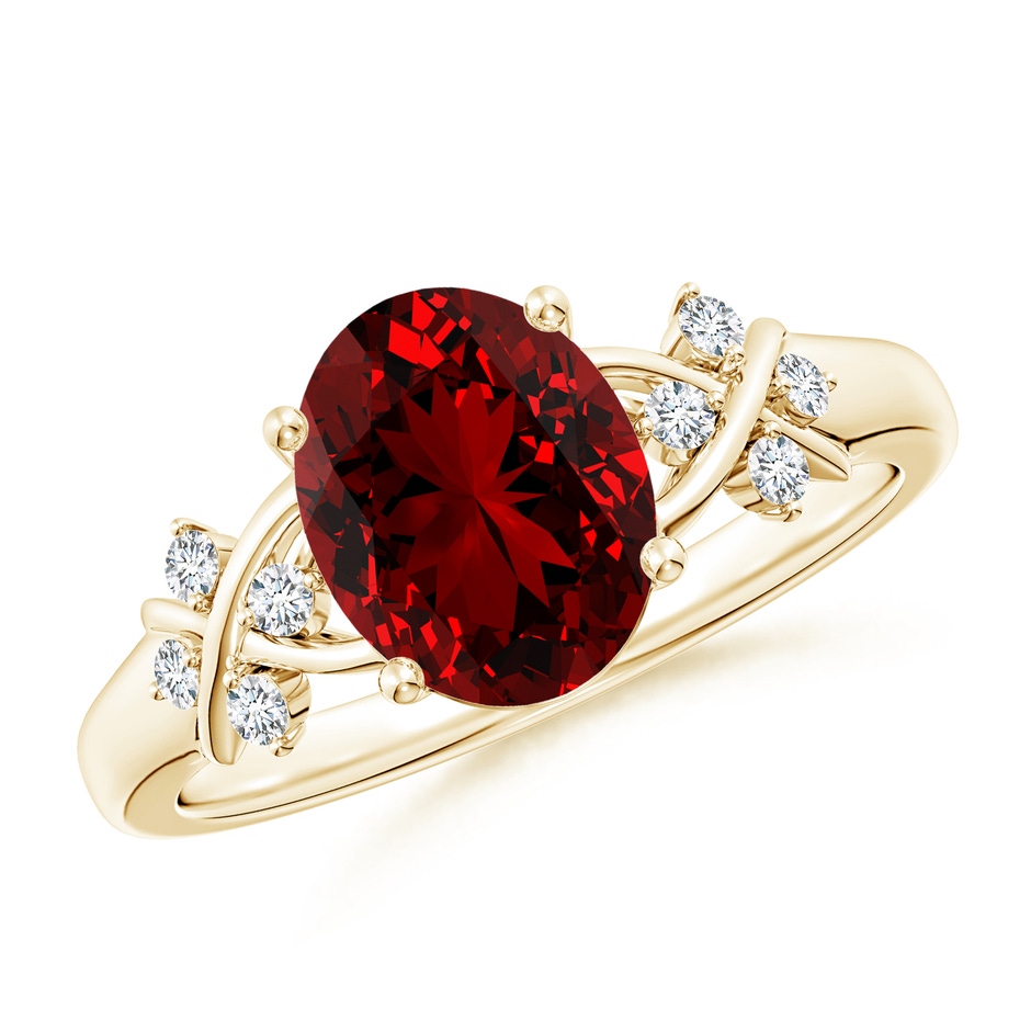 9x7mm Labgrown Lab-Grown Solitaire Oval Ruby Criss Cross Ring with Lab Diamonds in Yellow Gold 