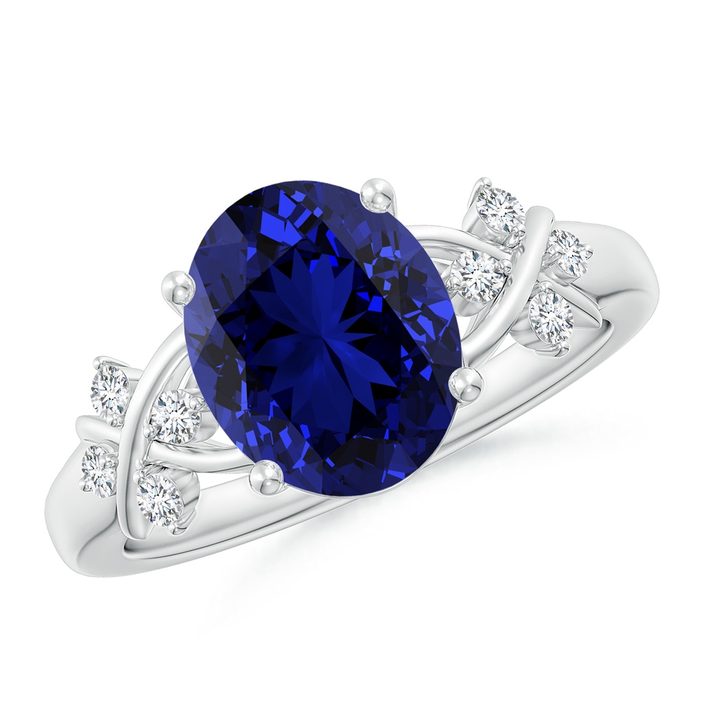 10x8mm Labgrown Lab-Grown Solitaire Oval Blue Sapphire Criss Cross Ring with Diamonds in White Gold