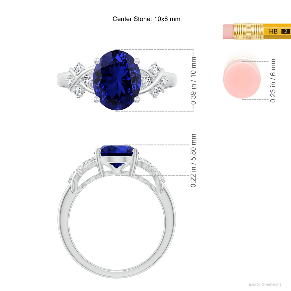 10x8mm Labgrown Lab-Grown Solitaire Oval Blue Sapphire Criss Cross Ring with Diamonds in White Gold ruler