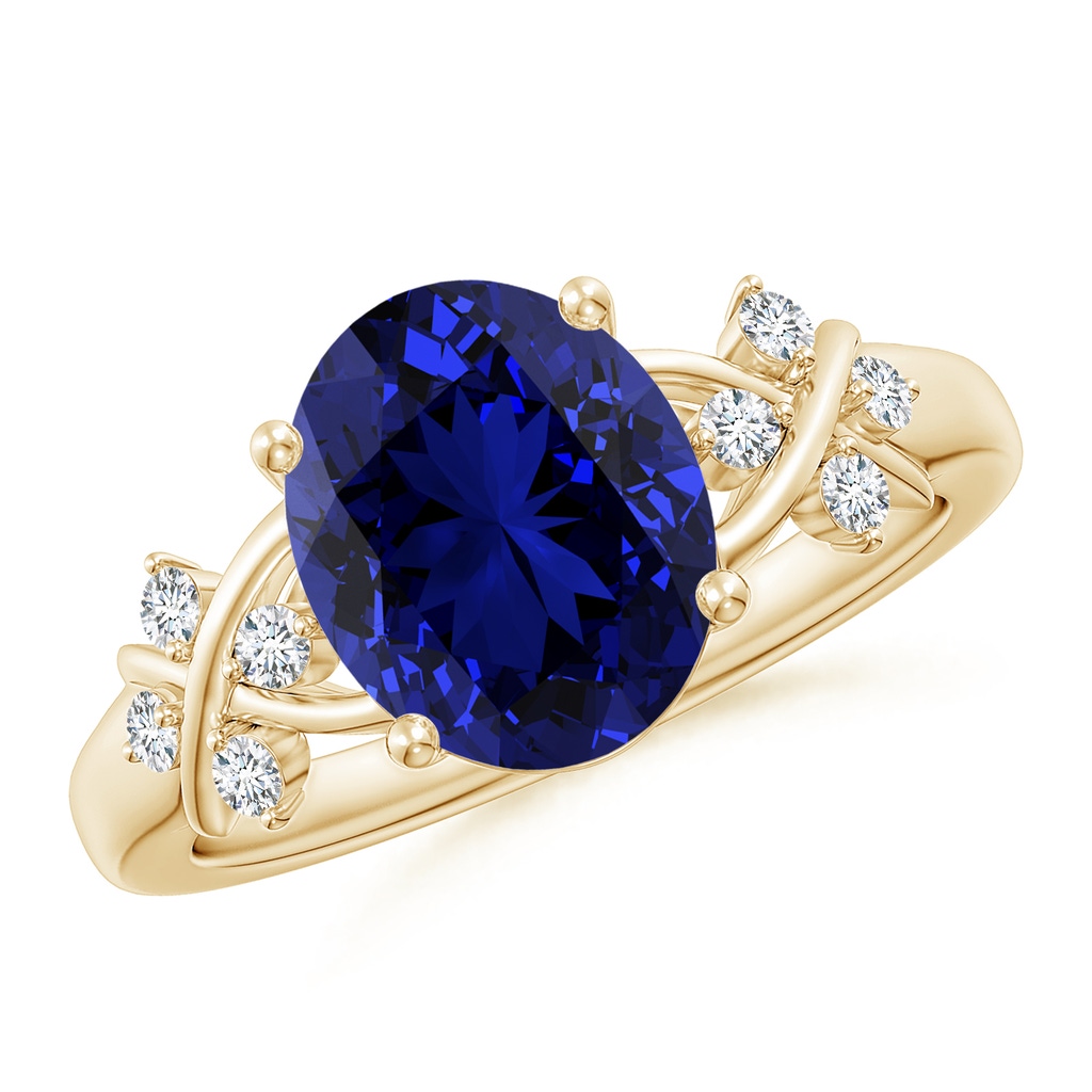 10x8mm Labgrown Lab-Grown Solitaire Oval Blue Sapphire Criss Cross Ring with Diamonds in Yellow Gold