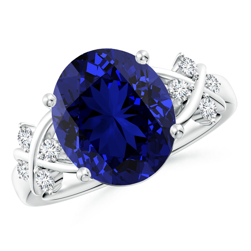 12x10mm Labgrown Lab-Grown Solitaire Oval Blue Sapphire Criss Cross Ring with Diamonds in White Gold