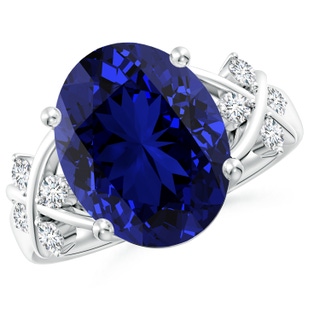 14x10mm Labgrown Lab-Grown Solitaire Oval Blue Sapphire Criss Cross Ring with Diamonds in P950 Platinum