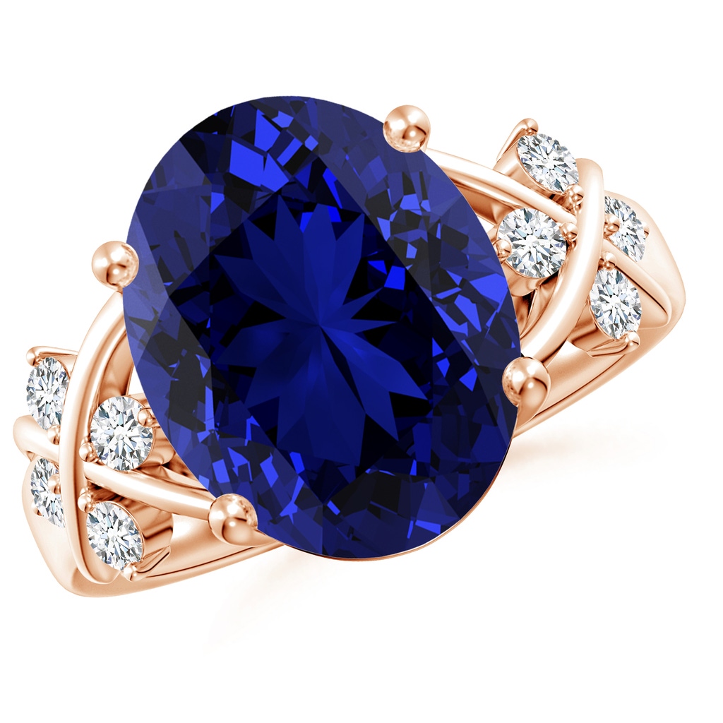 14x10mm Labgrown Lab-Grown Solitaire Oval Blue Sapphire Criss Cross Ring with Diamonds in Rose Gold