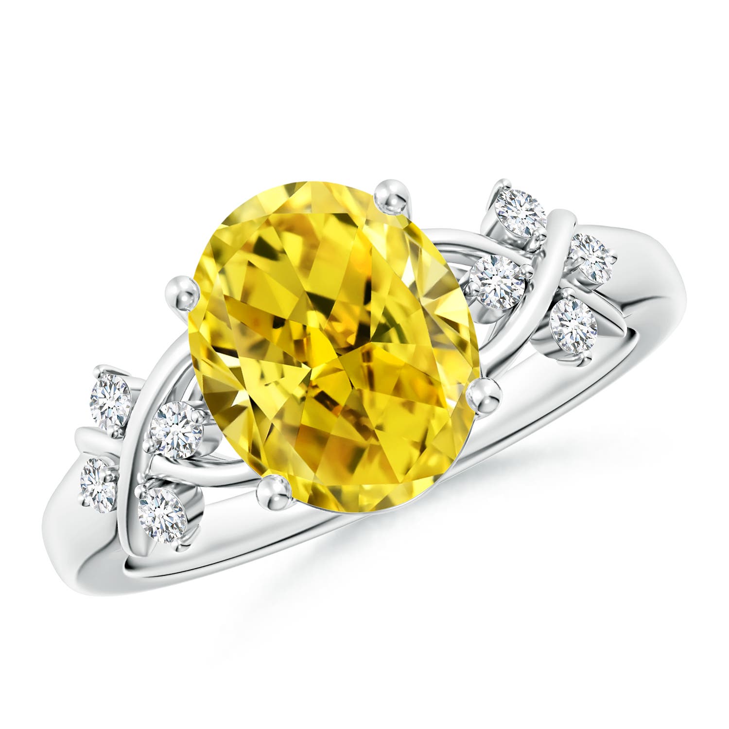 10x8mm Labgrown Solitaire Oval Lab-Grown Fancy Intense Yellow Diamond Criss Cross Ring in S999 Silver