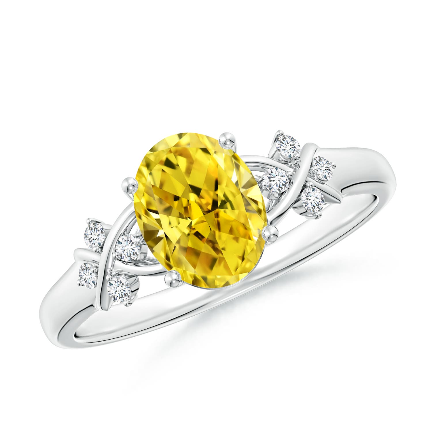 8x6mm Labgrown Solitaire Oval Lab-Grown Fancy Intense Yellow Diamond Criss Cross Ring in 18K White Gold