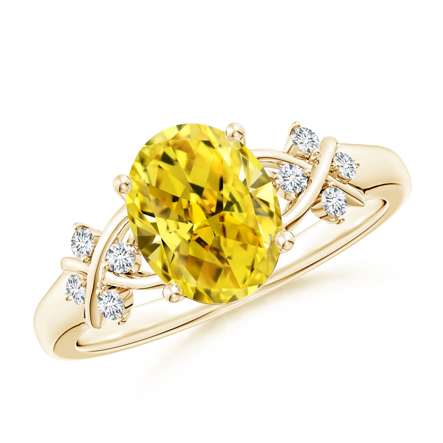 9x7mm Labgrown Solitaire Oval Lab-Grown Fancy Intense Yellow Diamond Criss Cross Ring in 18K Yellow Gold