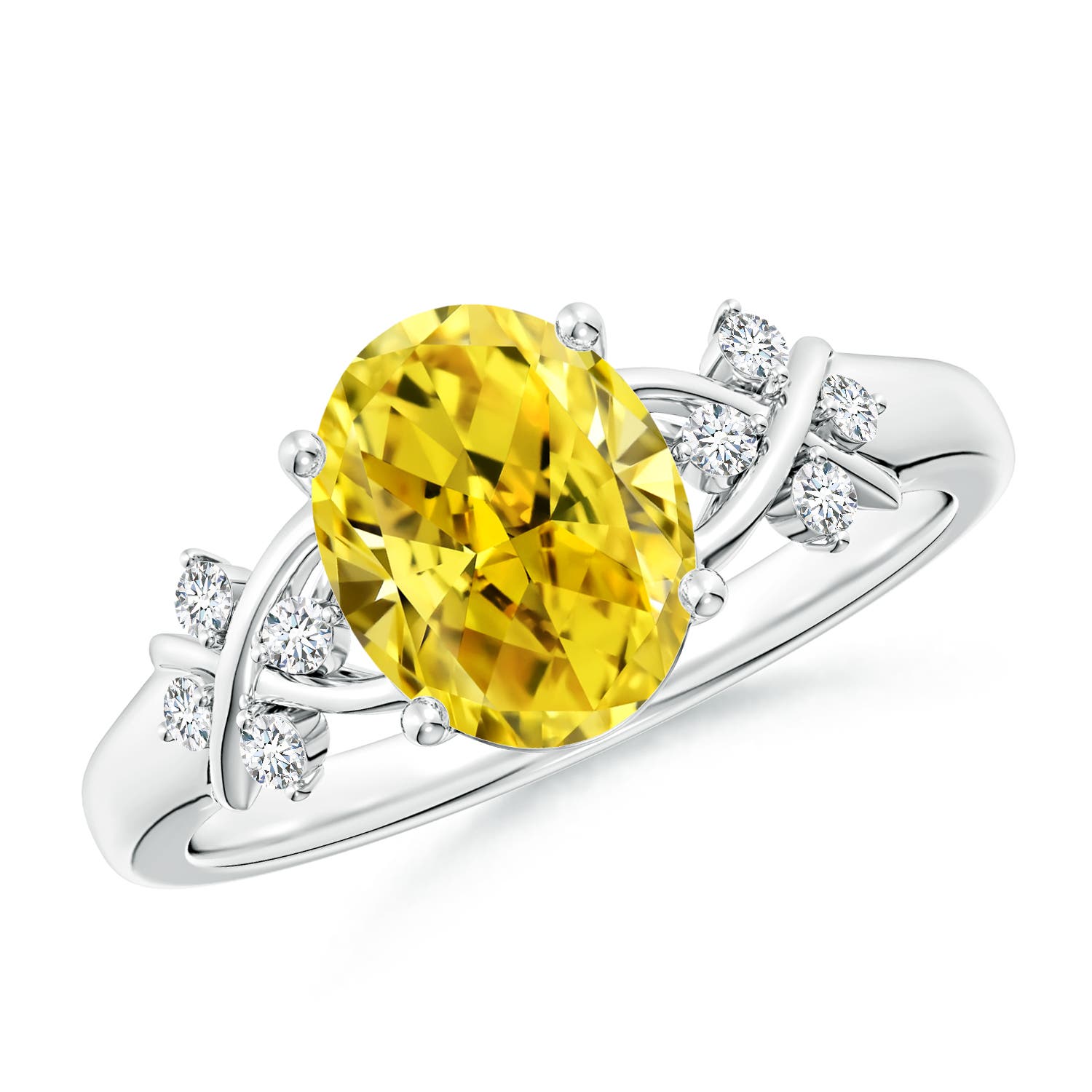 9x7mm Labgrown Solitaire Oval Lab-Grown Fancy Intense Yellow Diamond Criss Cross Ring in P950 Platinum