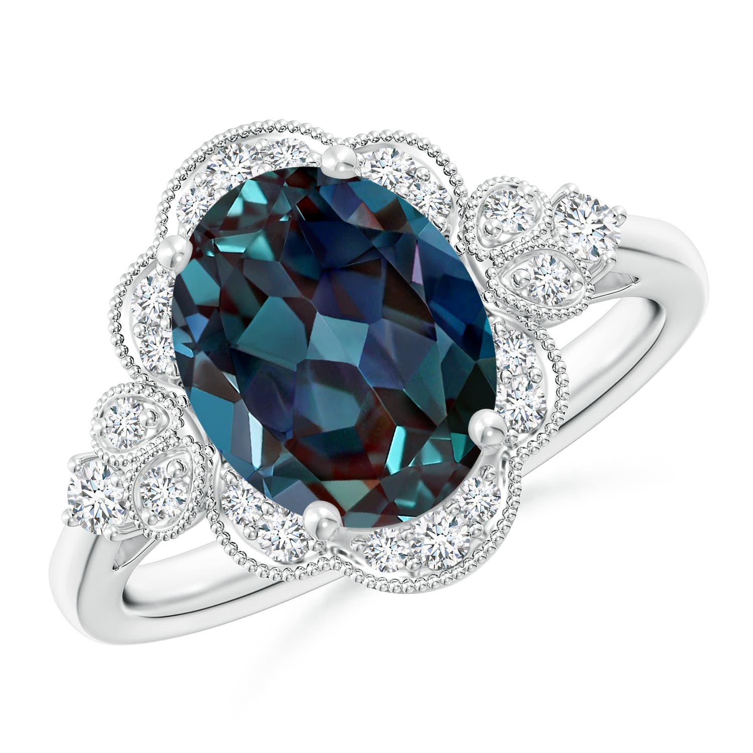 10x8mm Labgrown Victorian Style Oval Lab-Grown Alexandrite and Diamond Halo Engagement Ring in 18K White Gold