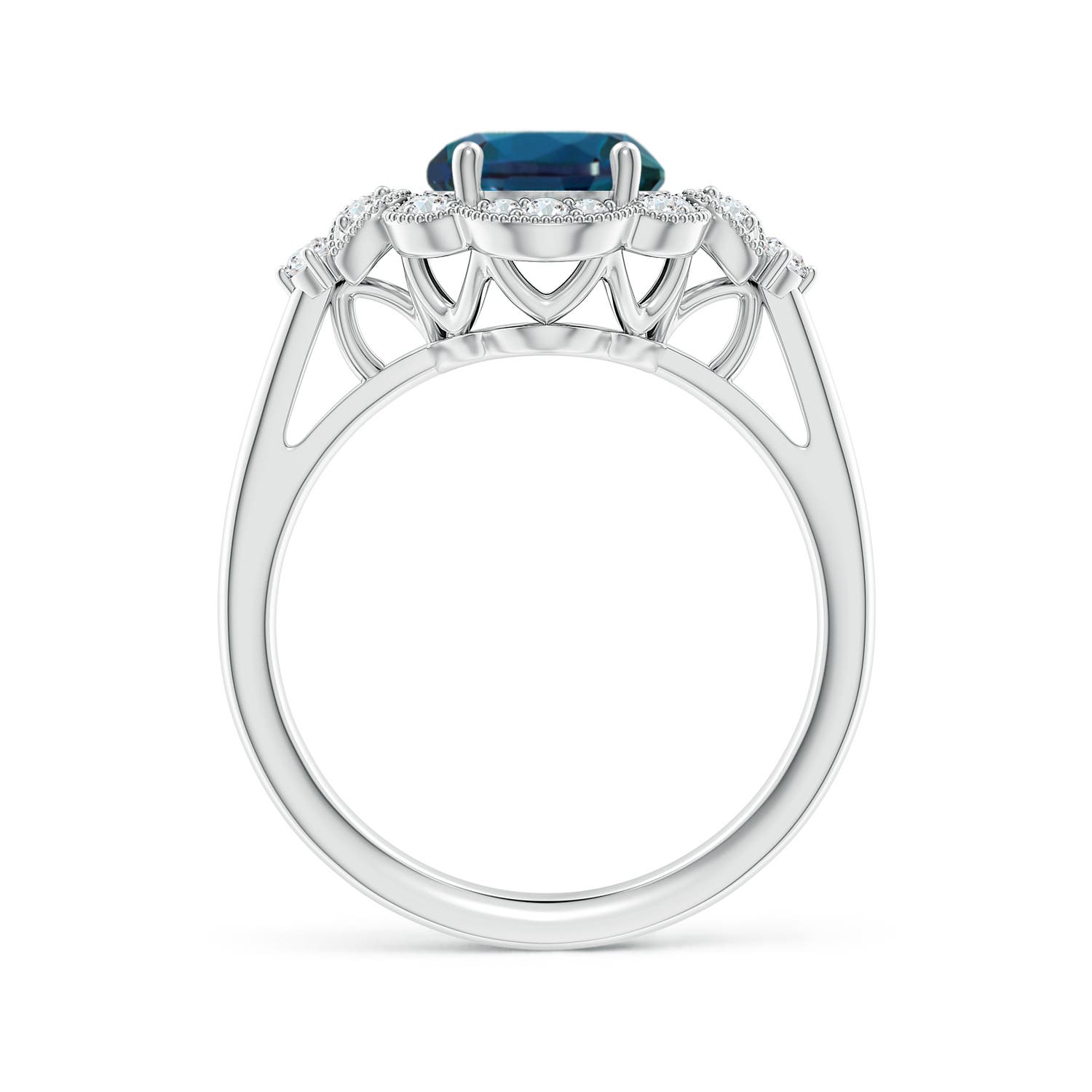 10x8mm Labgrown Victorian Style Oval Lab-Grown Alexandrite and Diamond Halo Engagement Ring in 18K White Gold