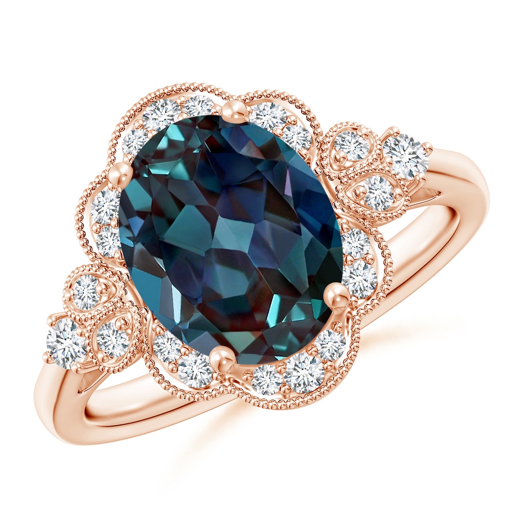 10x8mm Labgrown Victorian Style Oval Lab-Grown Alexandrite and Diamond Halo Engagement Ring in Rose Gold