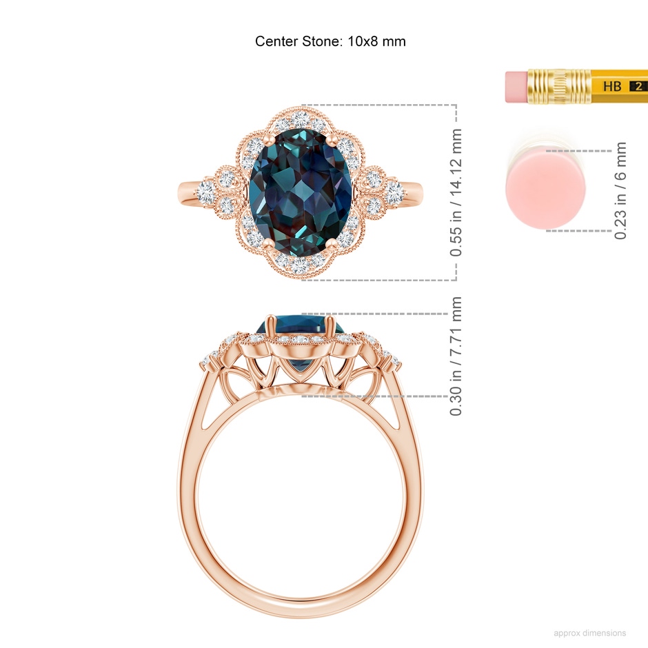 10x8mm Labgrown Victorian Style Oval Lab-Grown Alexandrite and Diamond Halo Engagement Ring in Rose Gold ruler