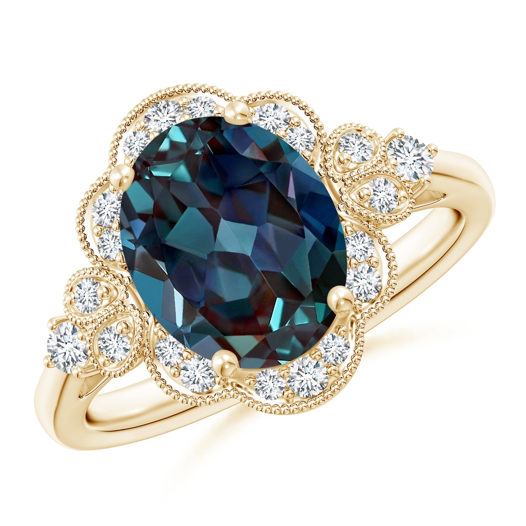 10x8mm Labgrown Victorian Style Oval Lab-Grown Alexandrite and Diamond Halo Engagement Ring in Yellow Gold