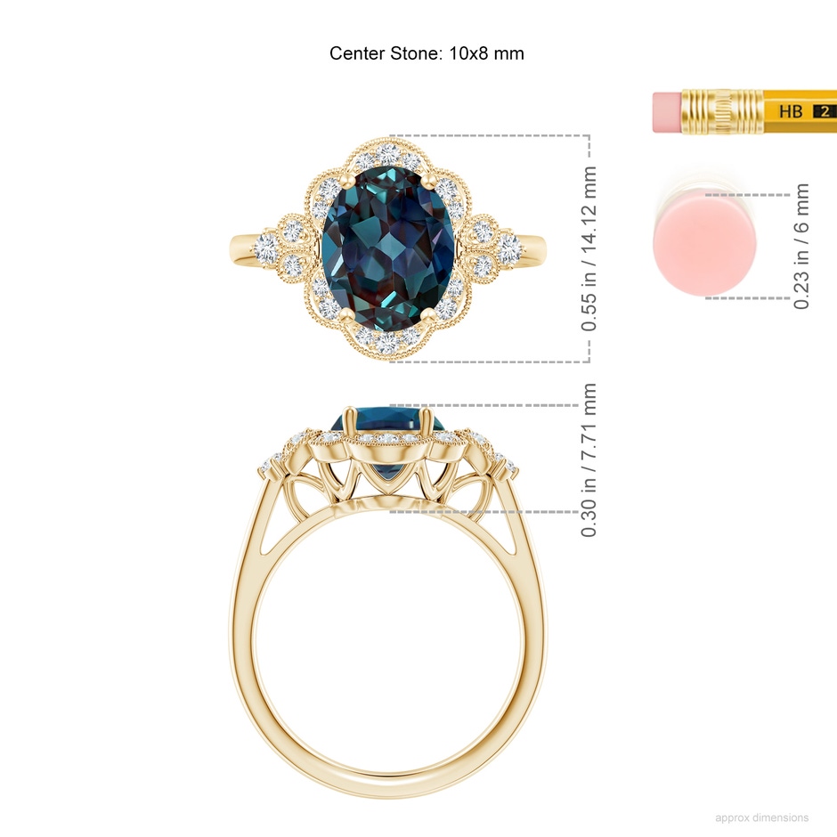 10x8mm Labgrown Victorian Style Oval Lab-Grown Alexandrite and Diamond Halo Engagement Ring in Yellow Gold ruler