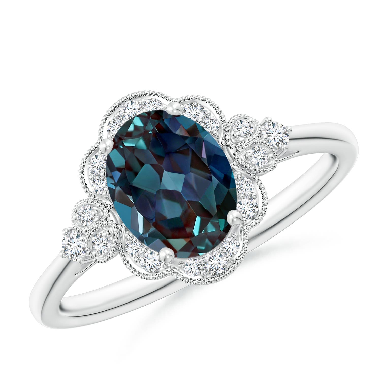 8x6mm Labgrown Victorian Style Oval Lab-Grown Alexandrite and Diamond Halo Engagement Ring in 18K White Gold