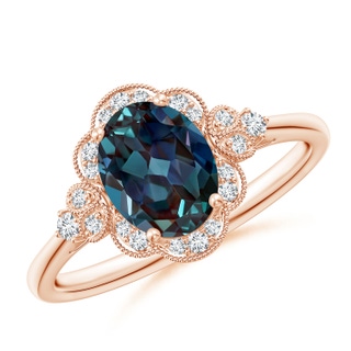 8x6mm Labgrown Victorian Style Oval Lab-Grown Alexandrite and Diamond Halo Engagement Ring in Rose Gold