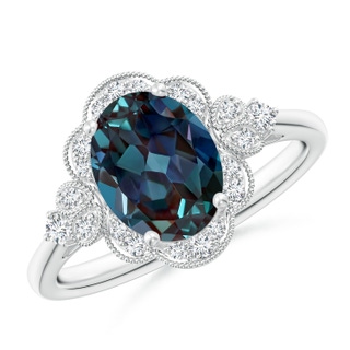 9x7mm Labgrown Victorian Style Oval Lab-Grown Alexandrite and Diamond Halo Engagement Ring in White Gold