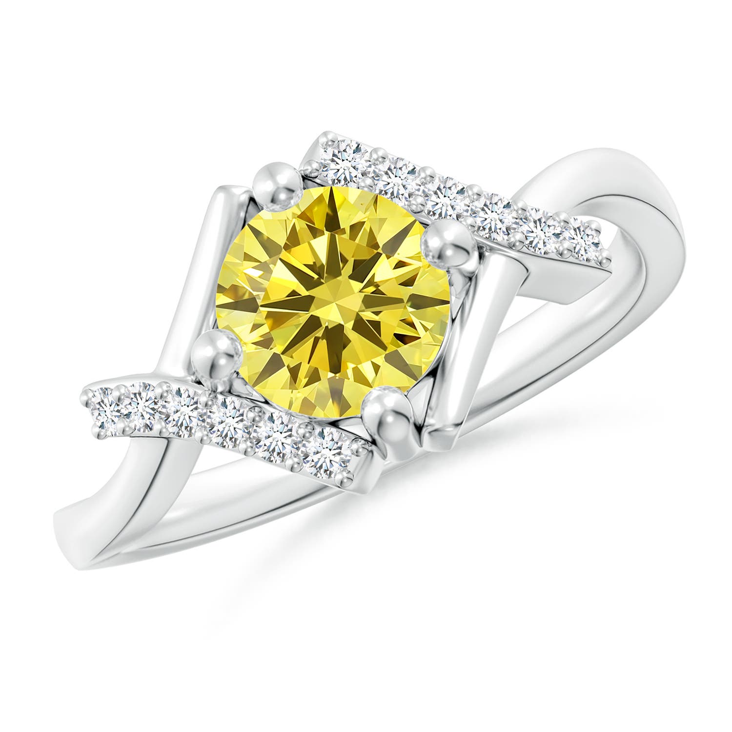 6.4mm Labgrown Solitaire Lab-Grown Fancy Intense Yellow Diamond Bypass Promise Ring with Accents in 18K White Gold