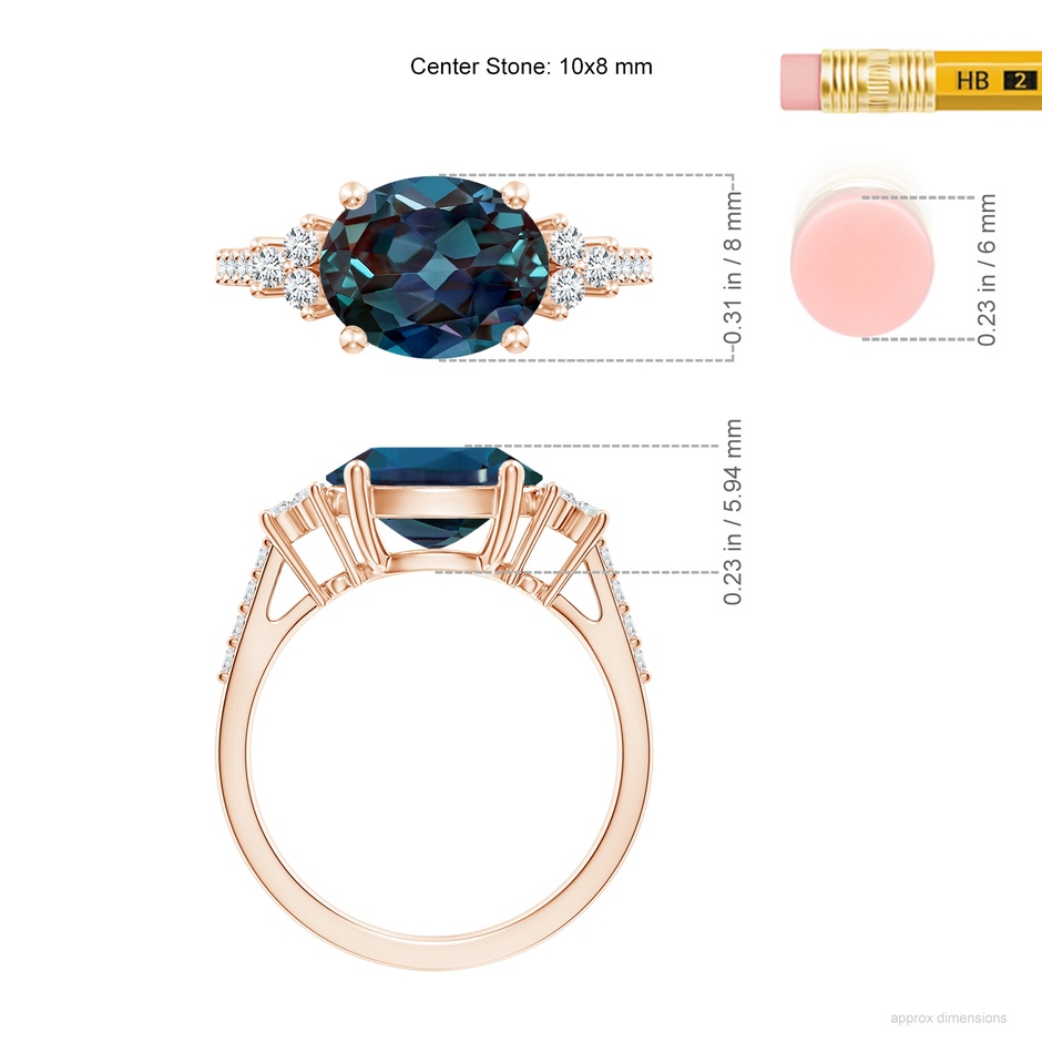 10x8mm Labgrown Horizontally Set Oval Lab-Grown Alexandrite Solitaire Ring with Trio Diamond Accents in 18K Rose Gold ruler