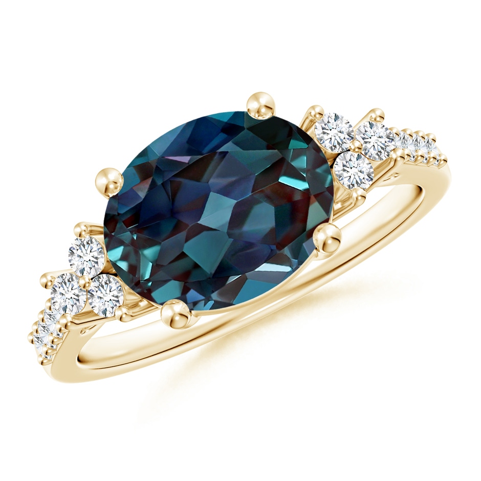 10x8mm Labgrown Horizontally Set Oval Lab-Grown Alexandrite Solitaire Ring with Trio Diamond Accents in 18K Yellow Gold 