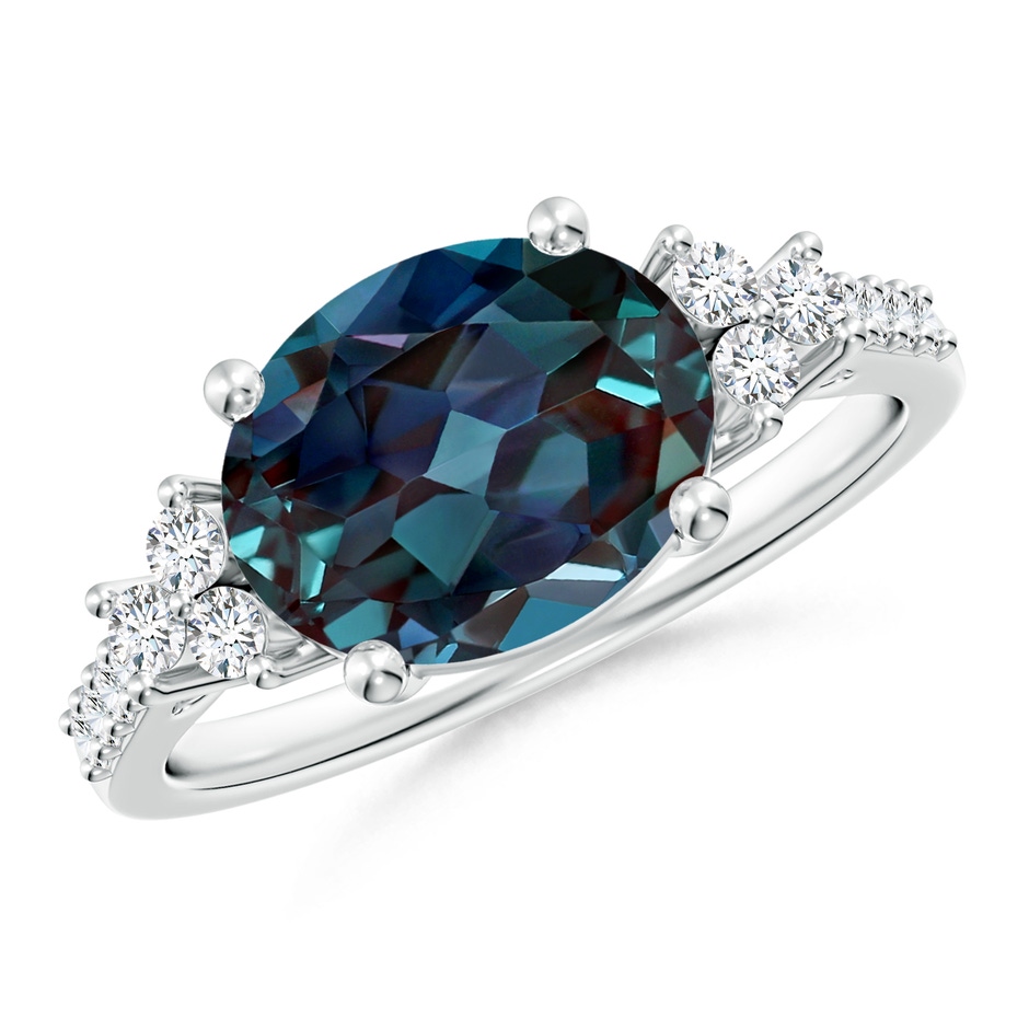 10x8mm Labgrown Horizontally Set Oval Lab-Grown Alexandrite Solitaire Ring with Trio Diamond Accents in P950 Platinum 