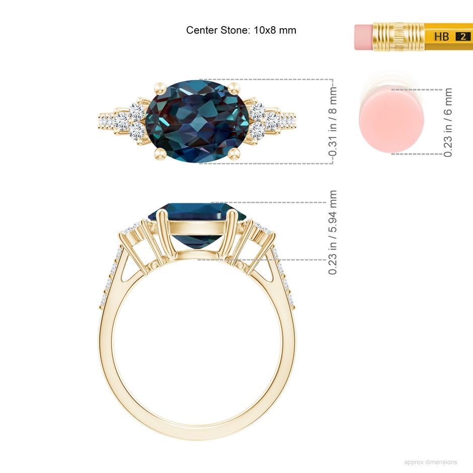 10x8mm Labgrown Horizontally Set Oval Lab-Grown Alexandrite Solitaire Ring with Trio Diamond Accents in Yellow Gold ruler