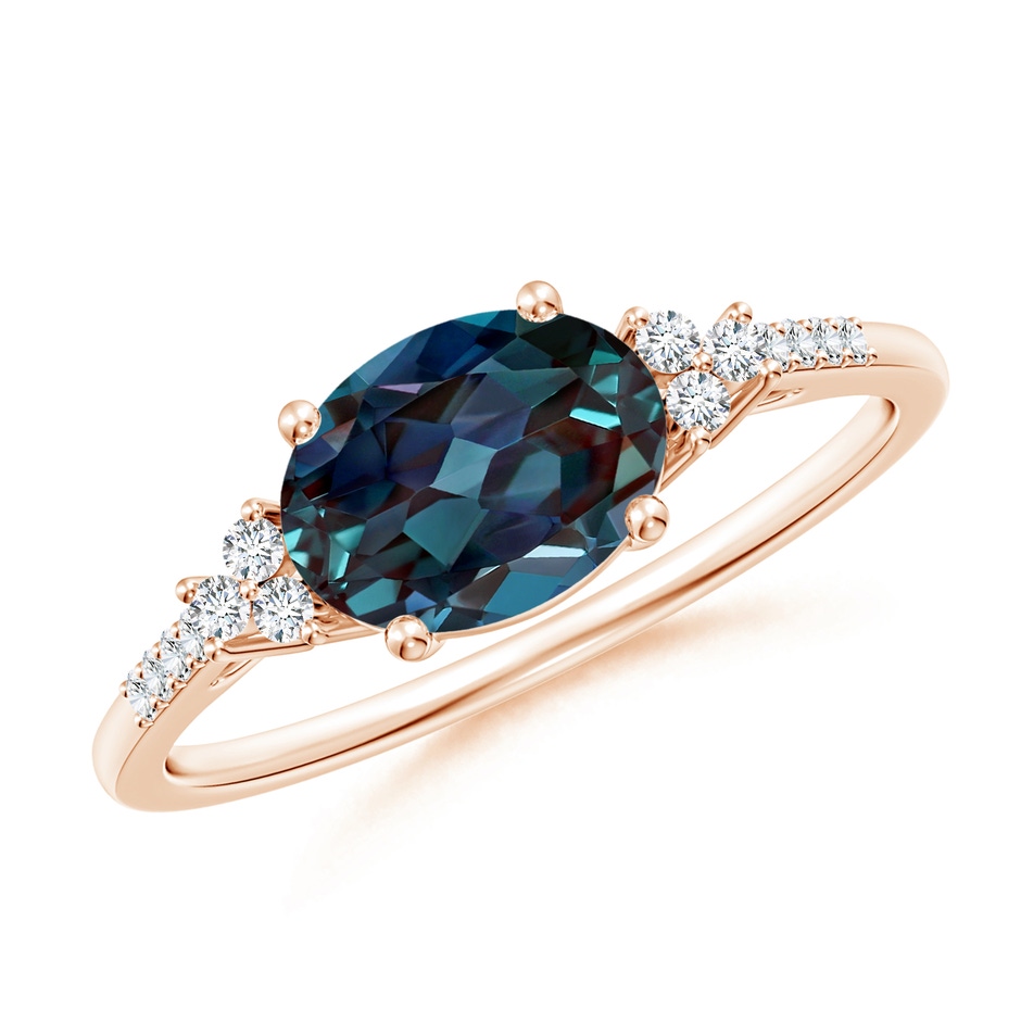 8x6mm Labgrown Horizontally Set Oval Lab-Grown Alexandrite Solitaire Ring with Trio Diamond Accents in Rose Gold 