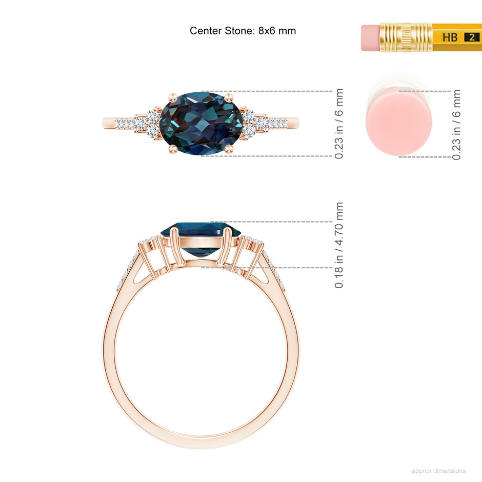 8x6mm Labgrown Horizontally Set Oval Lab-Grown Alexandrite Solitaire Ring with Trio Diamond Accents in Rose Gold ruler