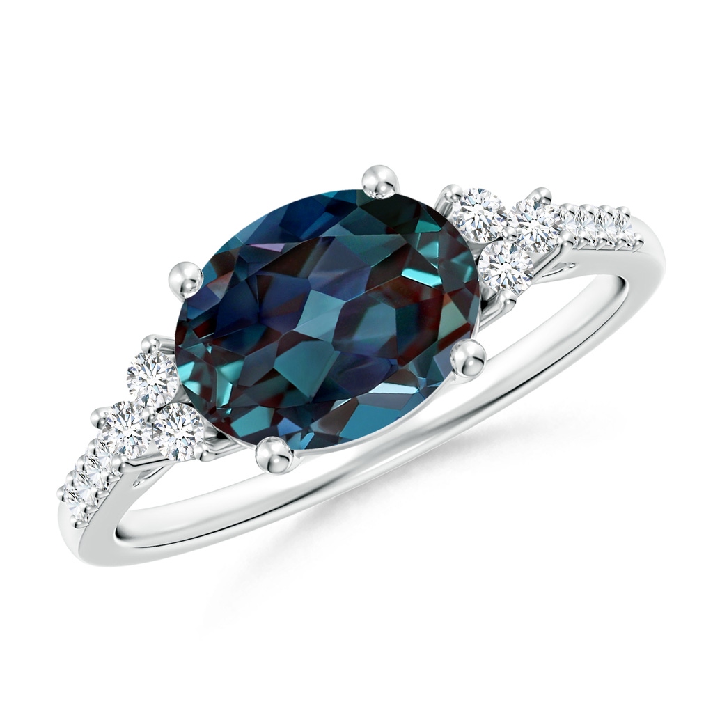 9x7mm Labgrown Horizontally Set Oval Lab-Grown Alexandrite Solitaire Ring with Trio Diamond Accents in White Gold