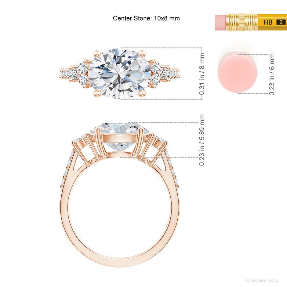 10x8mm FGVS Lab-Grown Horizontally Set Oval Diamond Solitaire Ring with Trio Diamond Accents in Rose Gold ruler