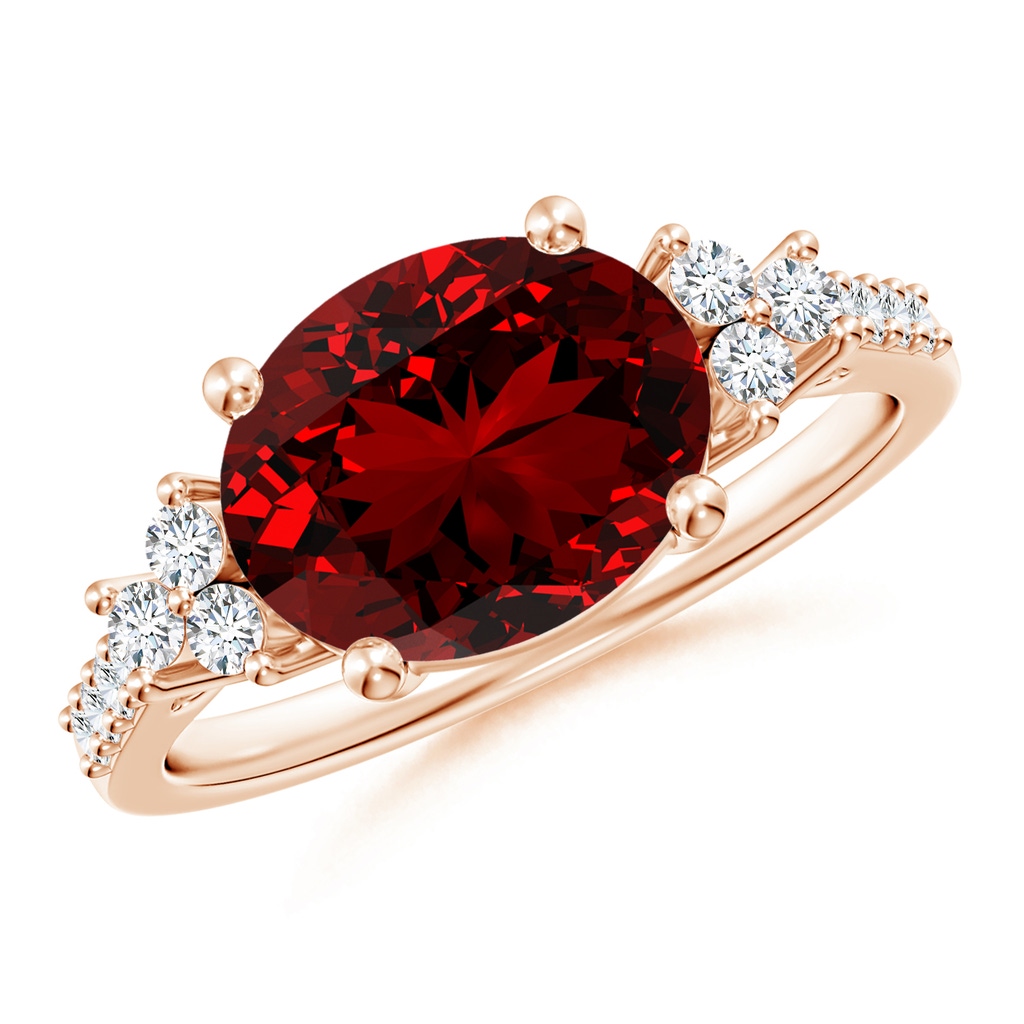 10x8mm Labgrown Lab-Grown Horizontally Set Oval Ruby Solitaire Ring with Trio Diamond Accents in Rose Gold