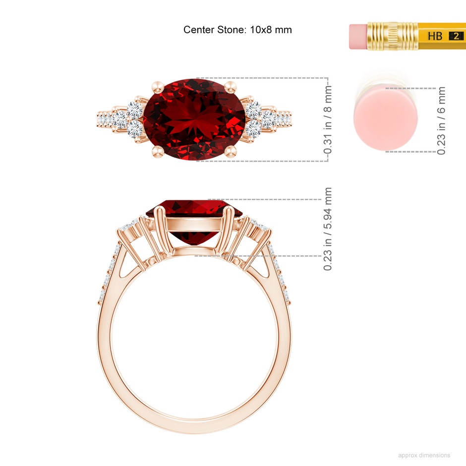 10x8mm Labgrown Lab-Grown Horizontally Set Oval Ruby Solitaire Ring with Trio Diamond Accents in Rose Gold ruler