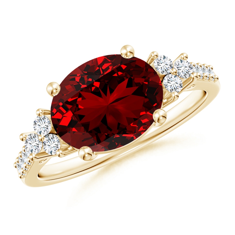 10x8mm Labgrown Lab-Grown Horizontally Set Oval Ruby Solitaire Ring with Trio Diamond Accents in Yellow Gold 