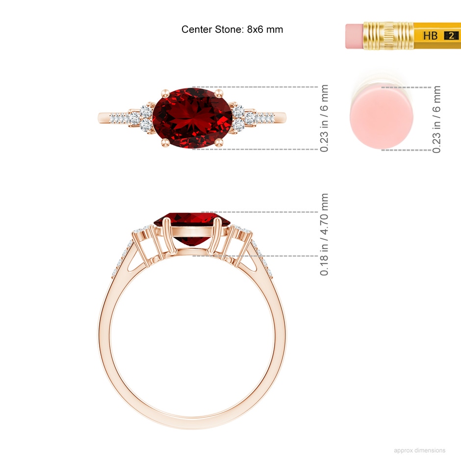 8x6mm Labgrown Lab-Grown Horizontally Set Oval Ruby Solitaire Ring with Trio Diamond Accents in Rose Gold ruler