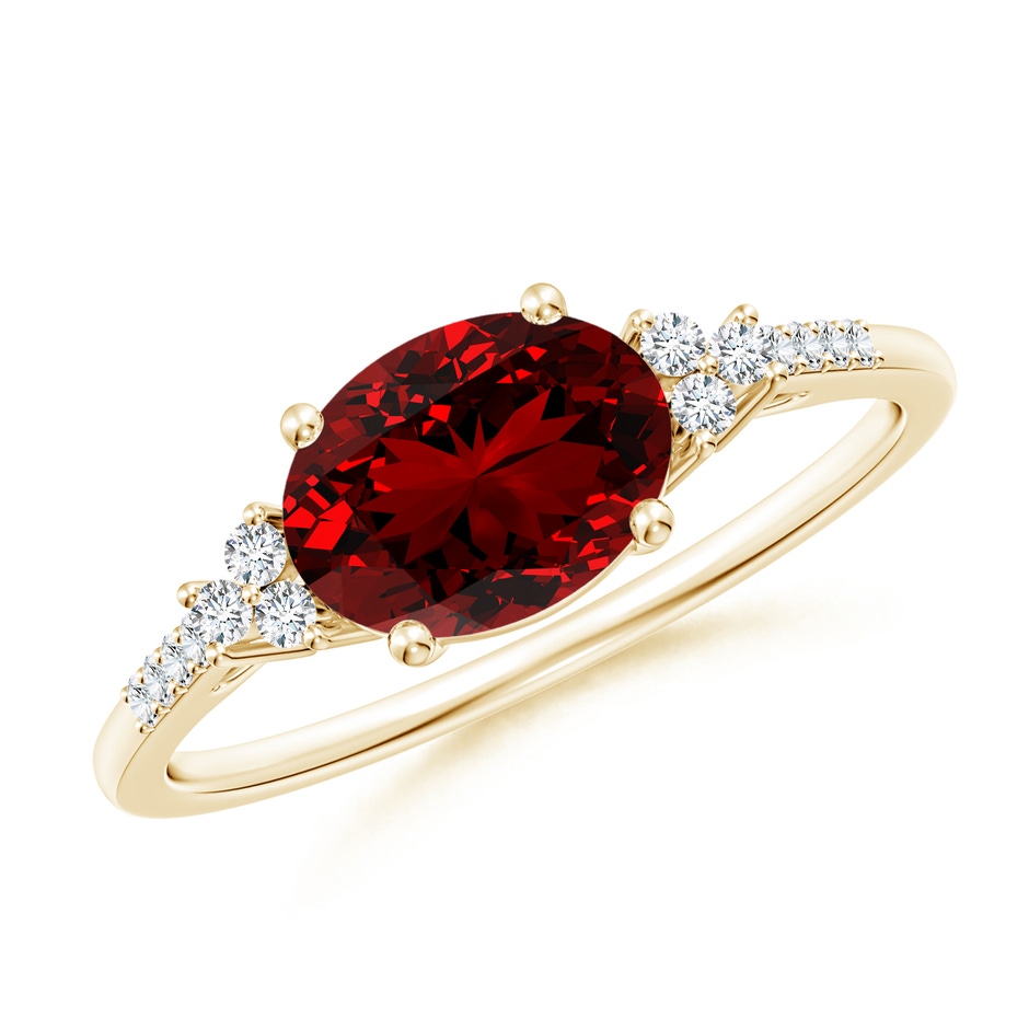 8x6mm Labgrown Lab-Grown Horizontally Set Oval Ruby Solitaire Ring with Trio Diamond Accents in Yellow Gold 