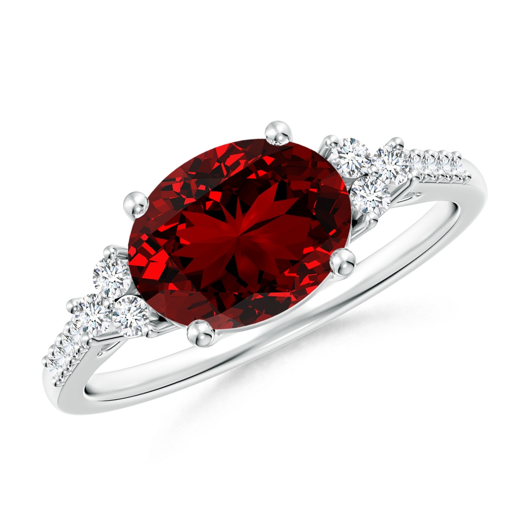 9x7mm Labgrown Lab-Grown Horizontally Set Oval Ruby Solitaire Ring with Trio Diamond Accents in White Gold
