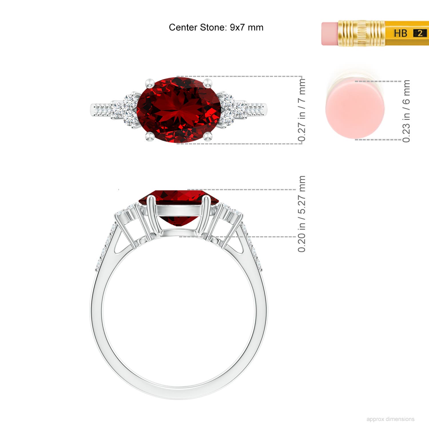 9x7mm Labgrown Lab-Grown Horizontally Set Oval Ruby Solitaire Ring with Trio Diamond Accents in White Gold - ruler
