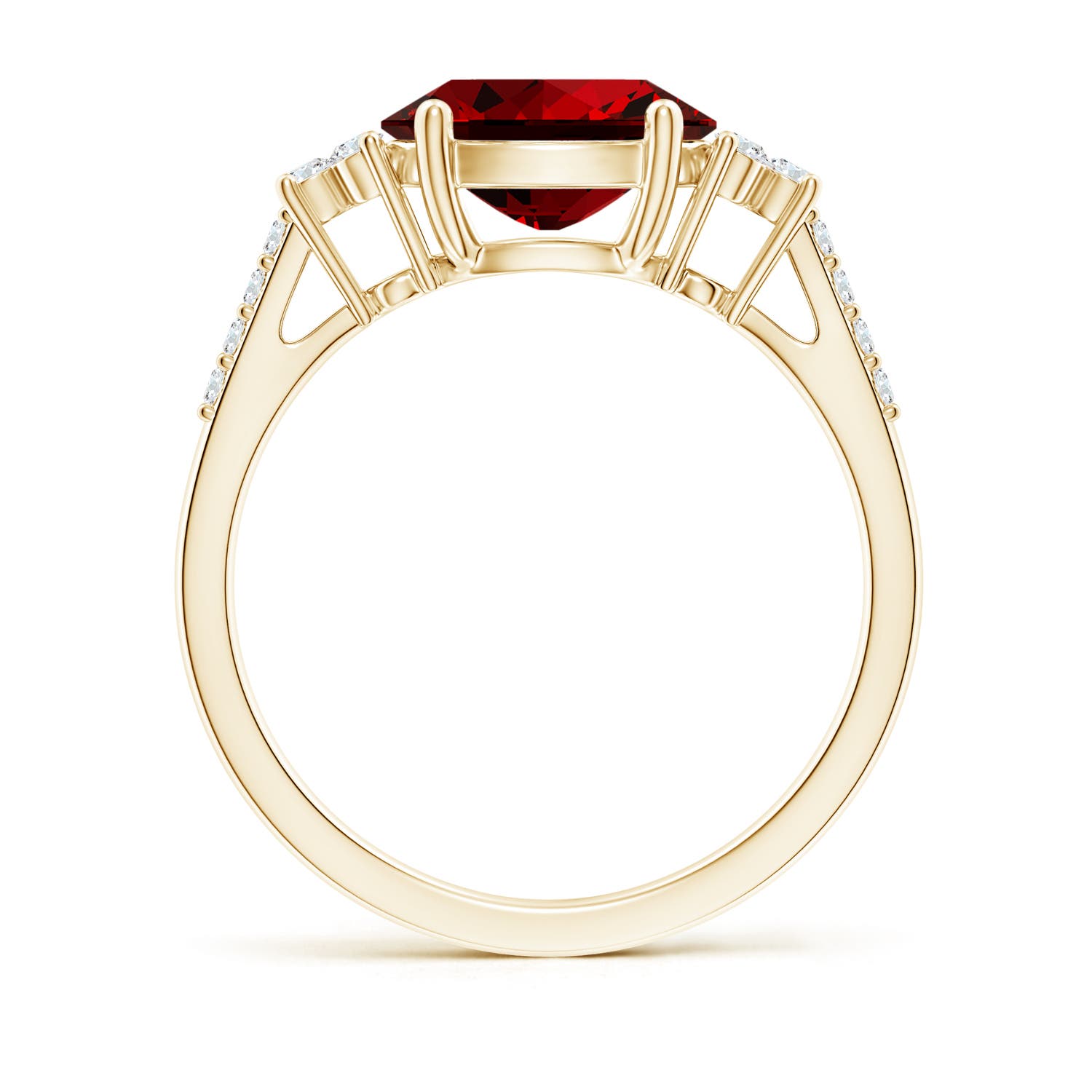 9x7mm Labgrown Lab-Grown Horizontally Set Oval Ruby Solitaire Ring with Trio Diamond Accents in Yellow Gold