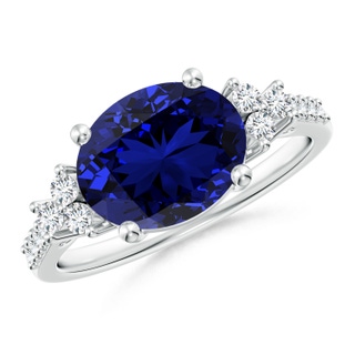 10x8mm Labgrown Lab-Grown Horizontally Set Oval Sapphire Solitaire Ring with Trio Diamond Accents in P950 Platinum