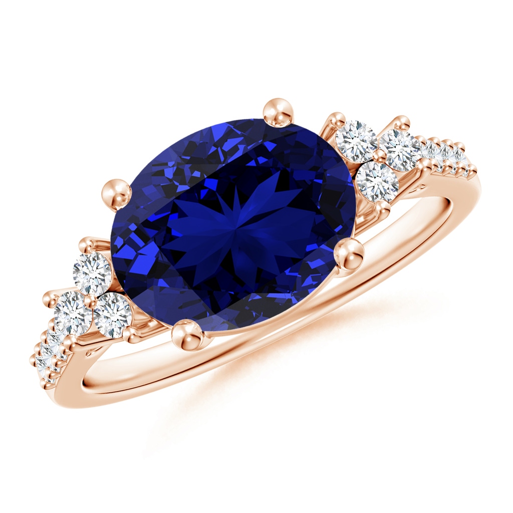 10x8mm Labgrown Lab-Grown Horizontally Set Oval Sapphire Solitaire Ring with Trio Diamond Accents in Rose Gold