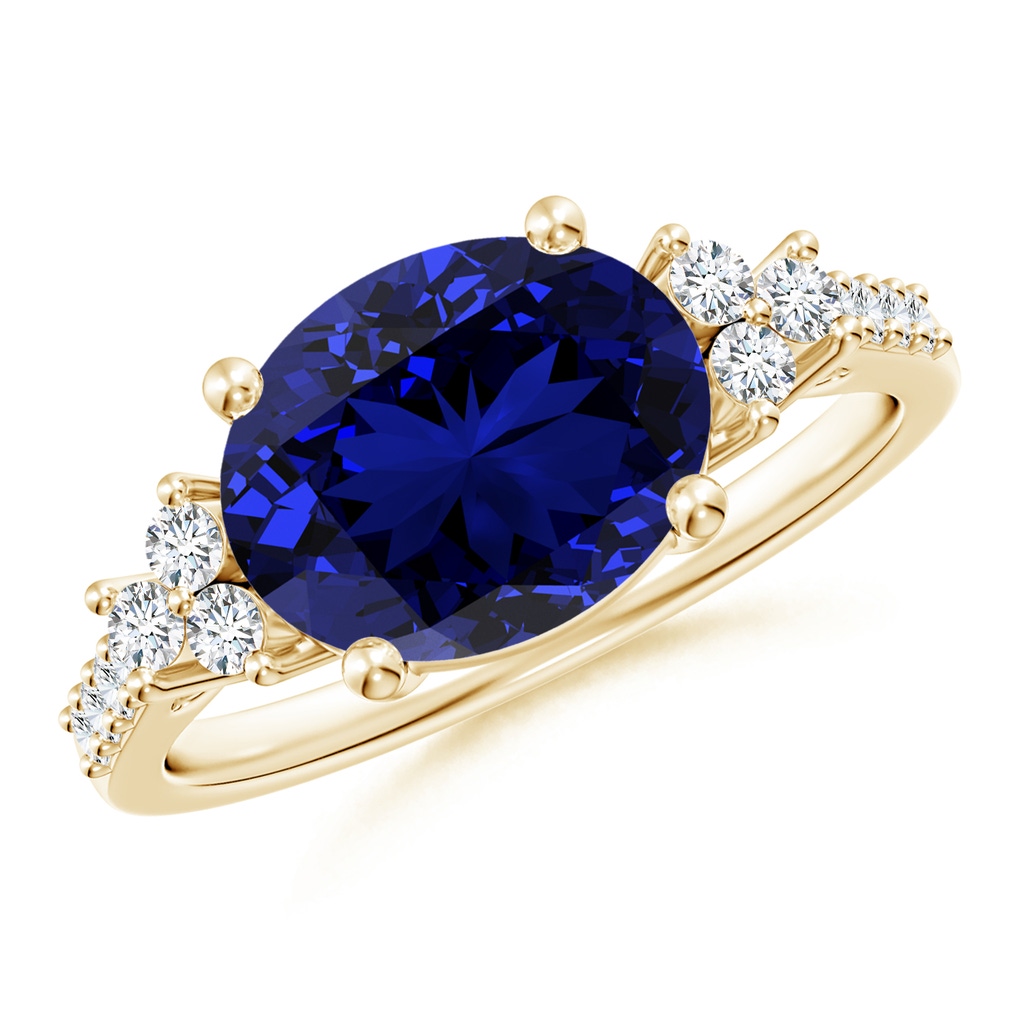 10x8mm Labgrown Lab-Grown Horizontally Set Oval Sapphire Solitaire Ring with Trio Diamond Accents in Yellow Gold