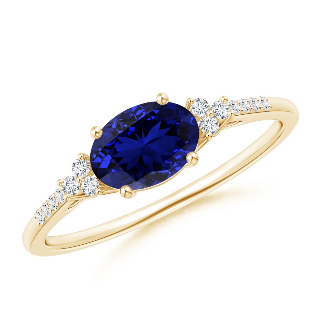 7x5mm Labgrown Lab-Grown Horizontally Set Oval Sapphire Solitaire Ring with Trio Diamond Accents in Yellow Gold