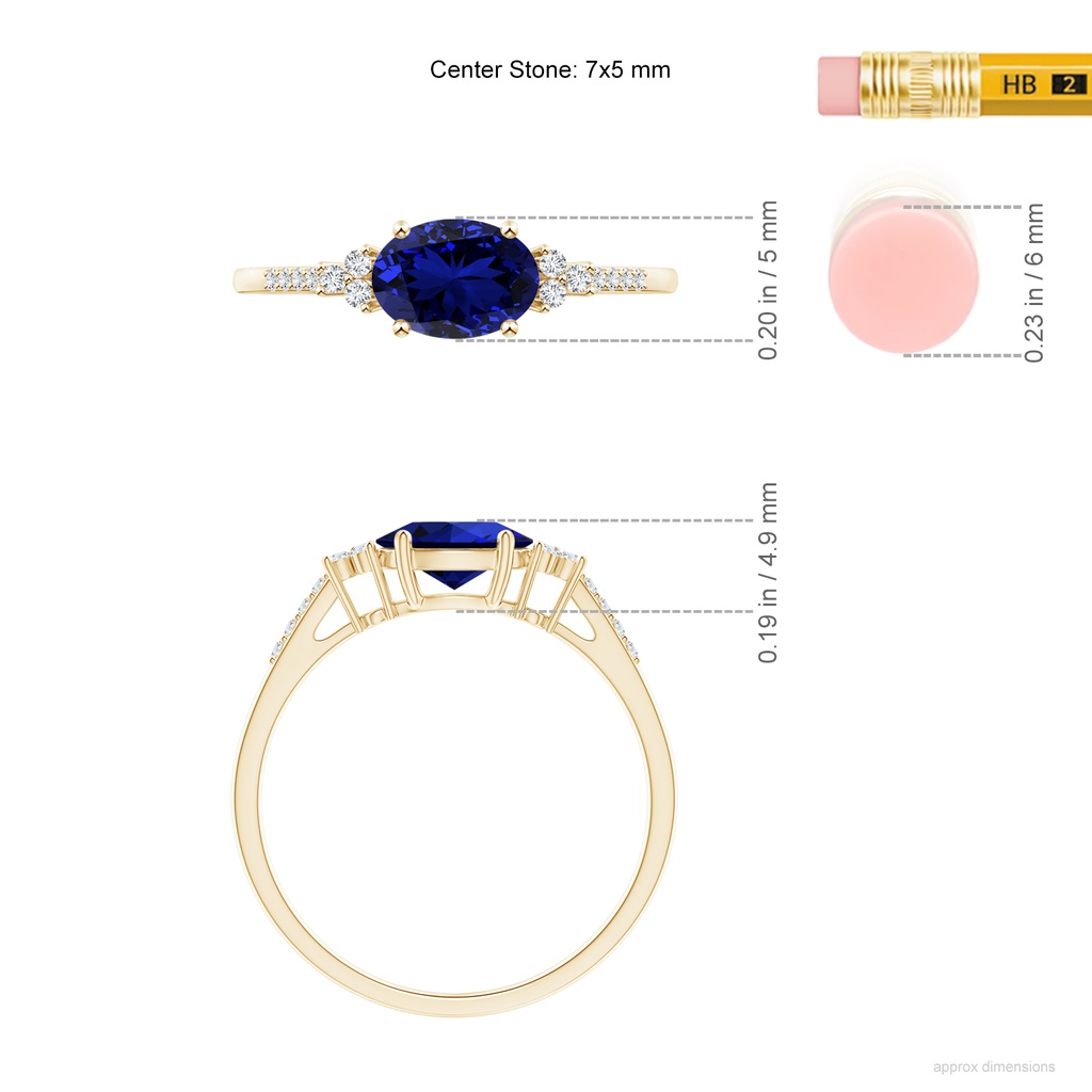 7x5mm Labgrown Lab-Grown Horizontally Set Oval Sapphire Solitaire Ring with Trio Diamond Accents in Yellow Gold ruler