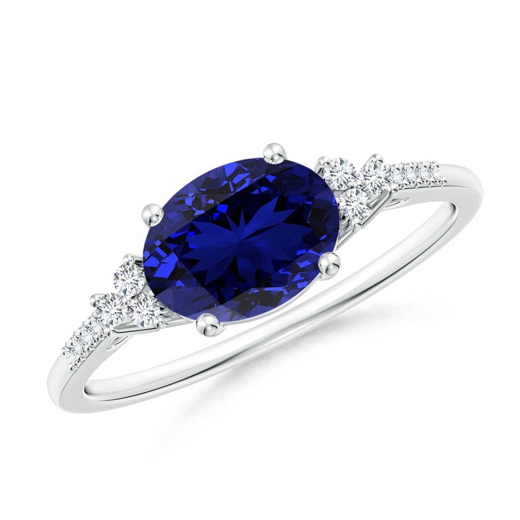 8x6mm Labgrown Lab-Grown Horizontally Set Oval Sapphire Solitaire Ring with Trio Diamond Accents in White Gold