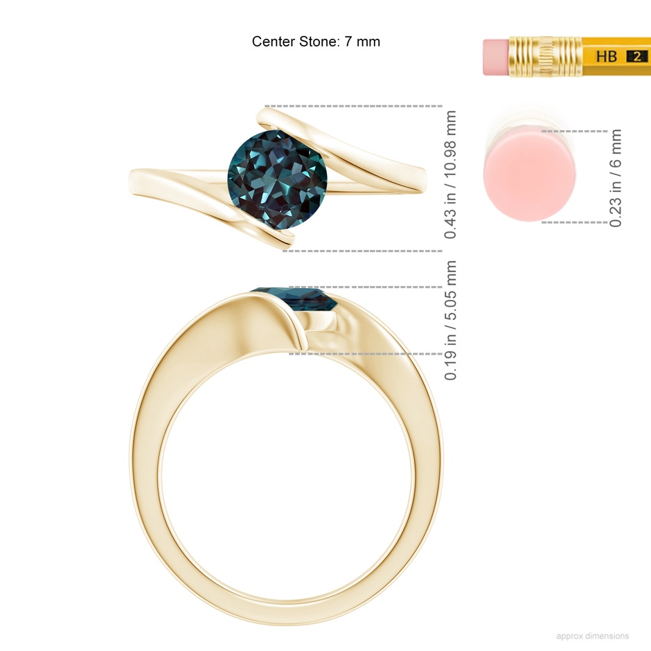 7mm Labgrown Bar-Set Solitaire Round Lab-Grown Alexandrite Bypass Ring in Yellow Gold ruler