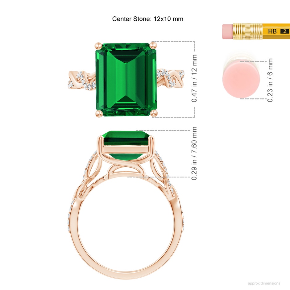12x10mm Labgrown Lab-Grown Emerald-Cut Solitaire Emerald Infinity Twist Ring in Rose Gold ruler