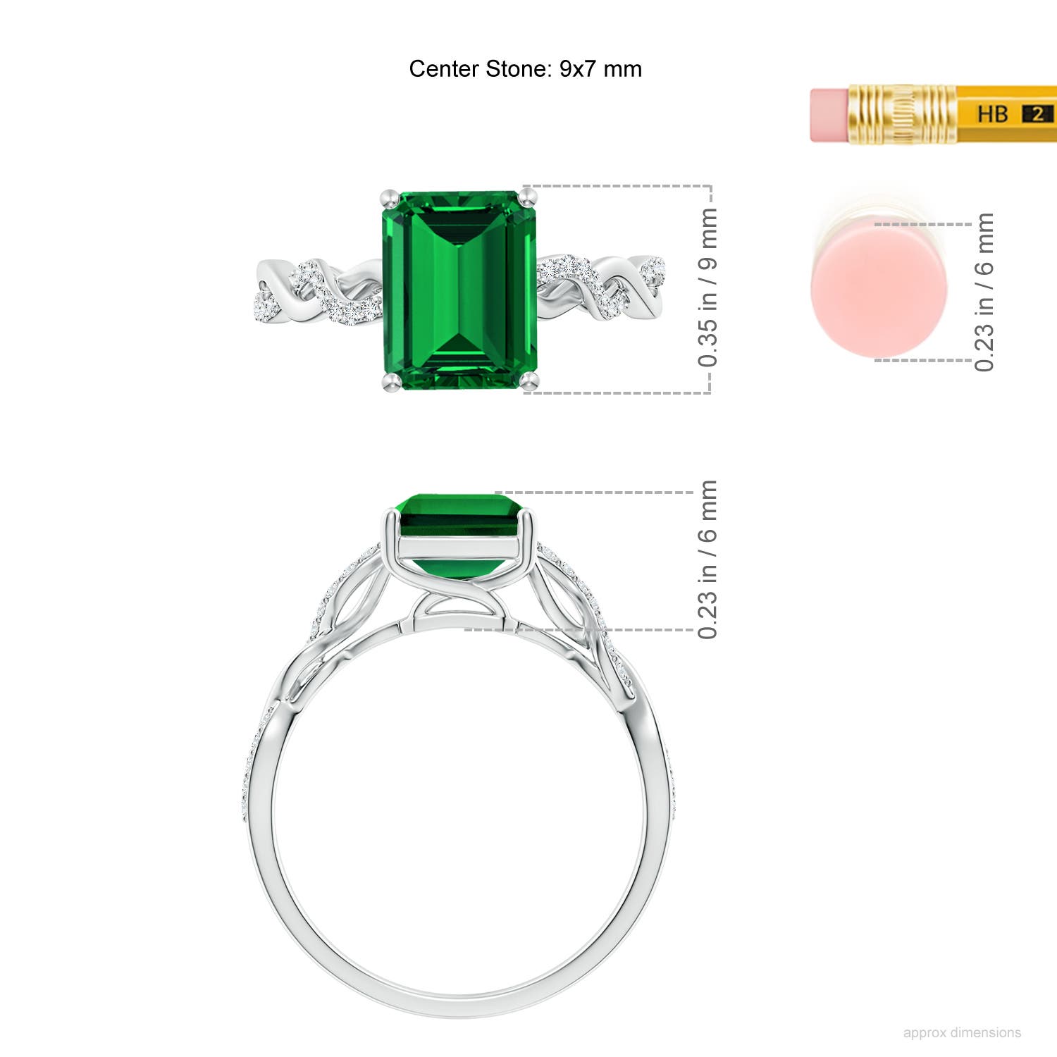 9x7mm Labgrown Lab-Grown Emerald-Cut Solitaire Emerald Infinity Twist Ring in White Gold - ruler