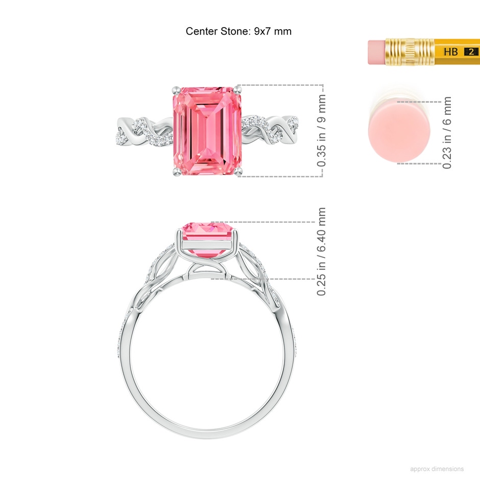 9x7mm Labgrown Emerald-Cut Solitaire Lab-Grown Fancy Intense Pink Diamond Infinity Twist Ring in S999 Silver ruler