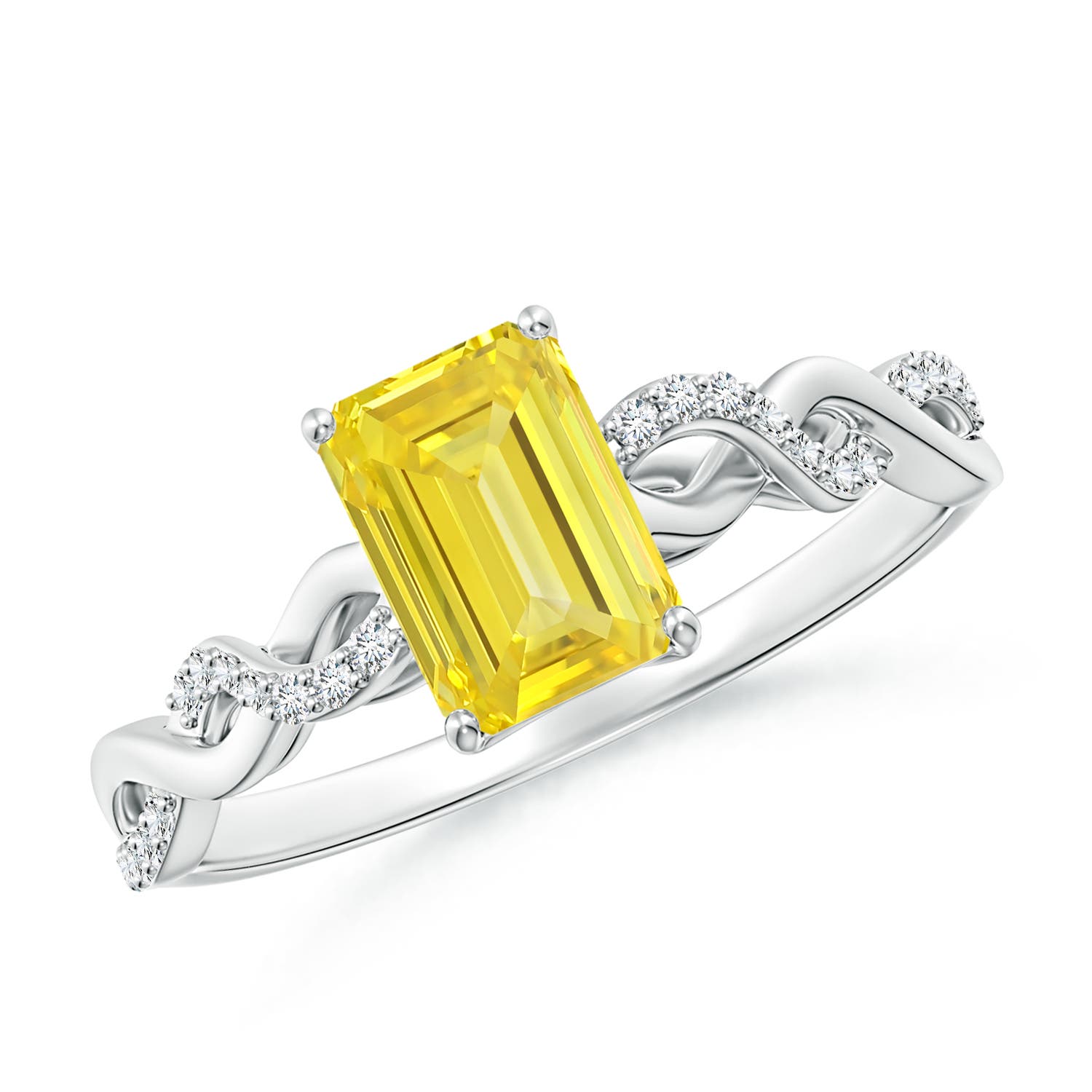 7x5mm Labgrown Emerald-Cut Solitaire Lab-Grown Fancy Intense Yellow Diamond Infinity Twist Ring in 18K White Gold